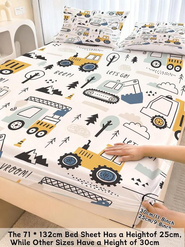 2/3pcs Boys Construction Vehicle Bedding Set - Soft Microfiber Fitted Sheet And Pillowcase, Excavator Truck Print Non-Slip Mattress Protector (Twin/Full Size)