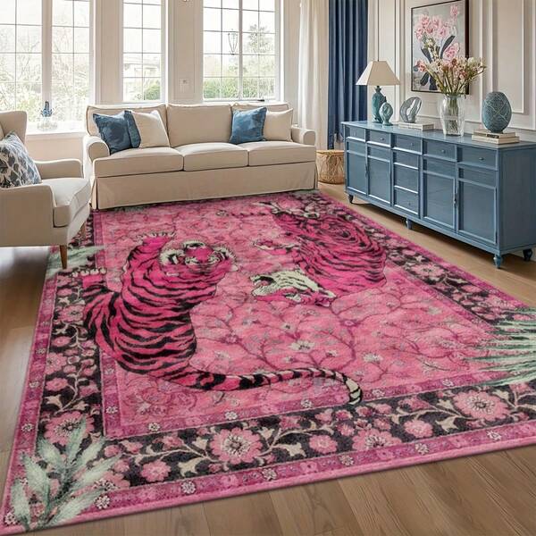 Luxurious Flowers And Exquisite Tigers Pattern Flannel Area Rug Door Mats Outdoor Carpet Comfortable Home Decor Mat Rubber Bottom Suitable Shopping Centers Game Room Living Rooms Bedrooms Offices Camping Daily Festivals Weddings Gymnasium Rug